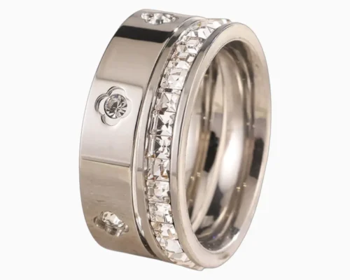 Anillo De Acero Duo Flor Cuatro Hojas Brillante