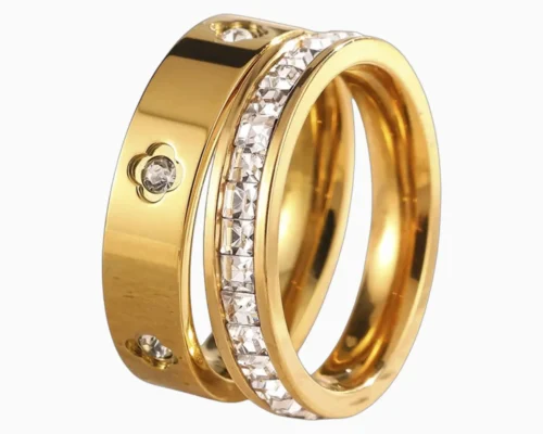 Anillo De Acero Duo Flor Cuatro Hojas Brillante Dorado