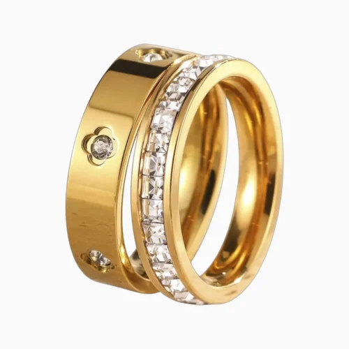 Anillo De Acero Dúo Trébol Brillante Dorado