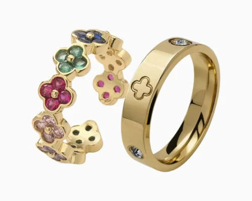 Anillo De Acero Duo Flor Cuatro Hojas Dorado