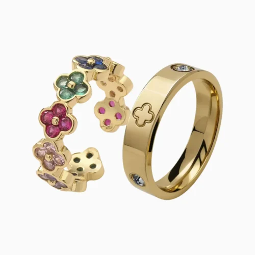 Anillo De Acero Dúo Trébol 4 Hojas Dorado
