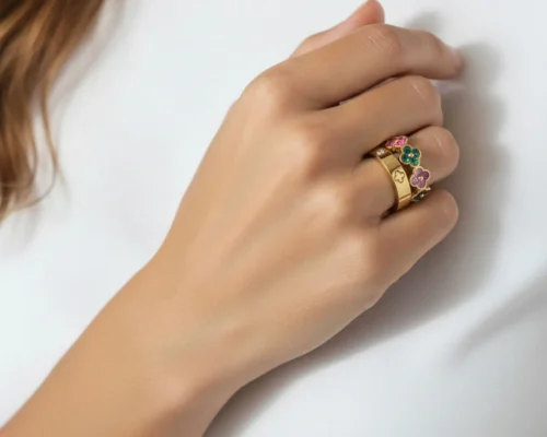 Anillo De Acero Duo Flor Cuatro Hojas Dorado