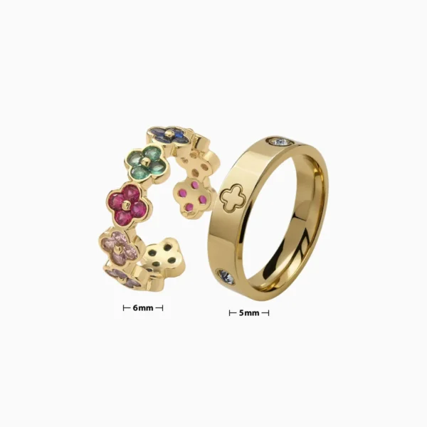 Anillo De Acero Dúo Trébol 4 Hojas Dorado