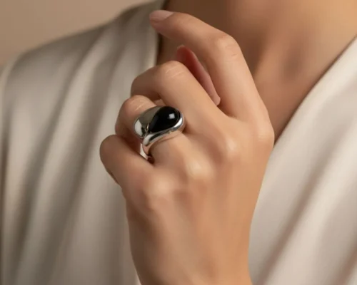 Anillo De Acero Gota Piedra Negra