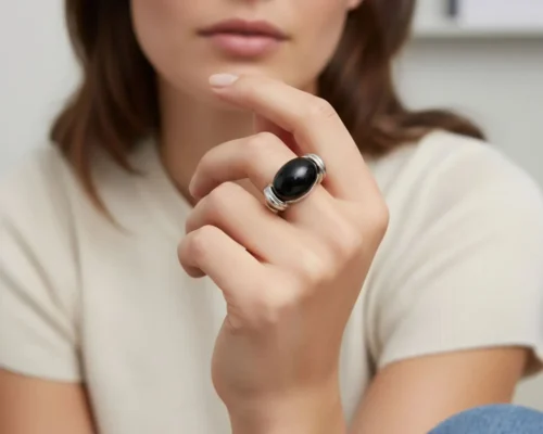 Anillo De Acero Piedra Ovalada Negra