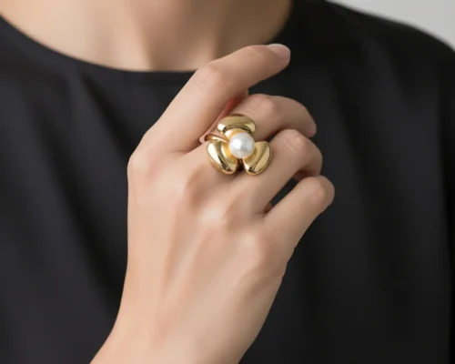 Anillo De Oro Flor Con Perla Ajustable