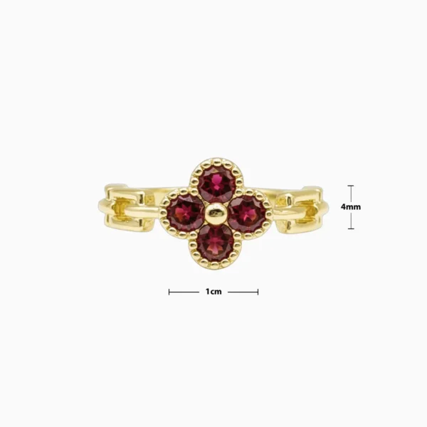 Anillo De Oro Trébol Rojo Ajustable