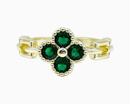 Anillo De Oro Trebol Verde Ajustable