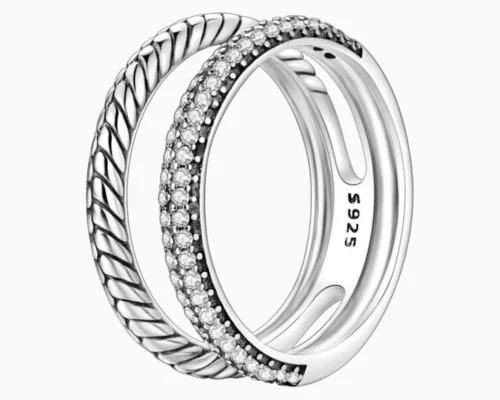 Anillo De Plata Doble Banda Pave