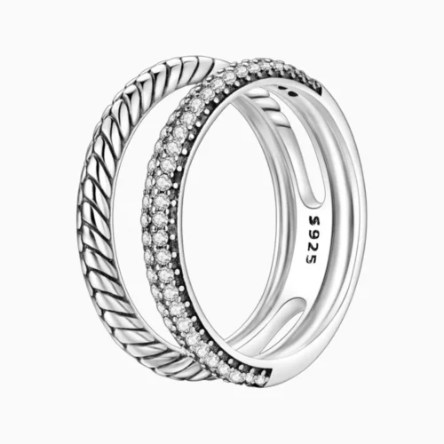 Anillo De Plata Doble Banda Pave