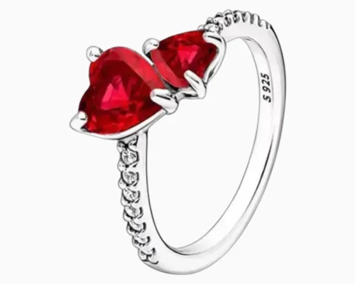 Anillo De Plata Dos Corazones Rojos