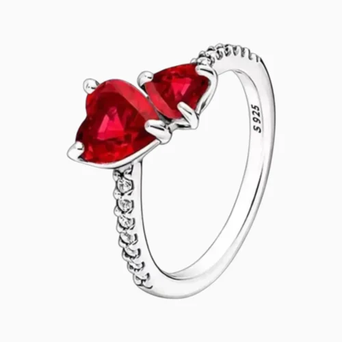 Anillo De Plata Dos Corazones Rojos