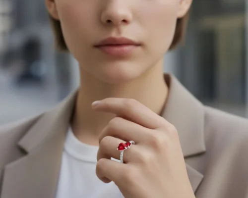 Anillo De Plata Dos Corazones Rojos