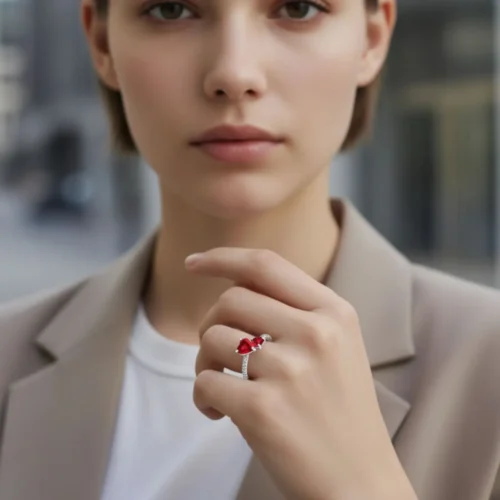 Anillo De Plata Dos Corazones Rojos