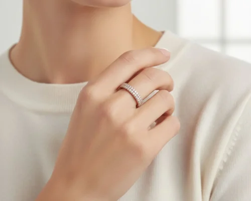 Anillo De Plata Fila Doble Pave Rosa