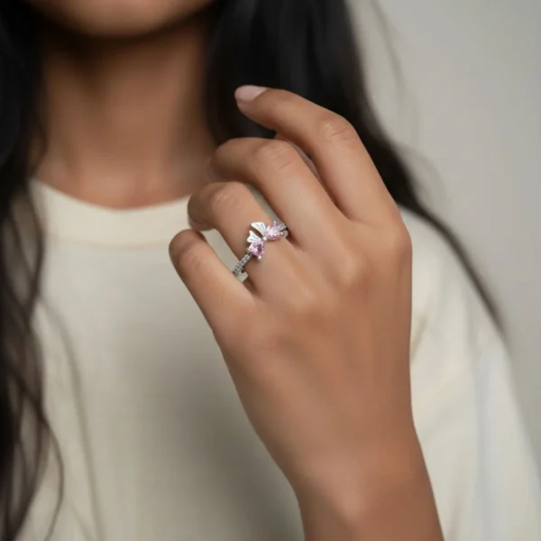 Anillo De Plata Moño Rosa Completo