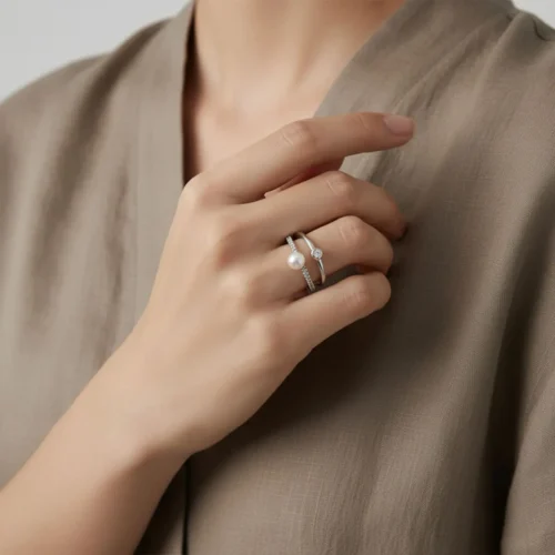 Anillo De Plata Perla Doble Banda