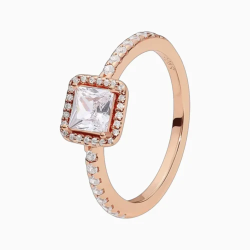 Anillo De Plata Rosa Halo Cuadrado
