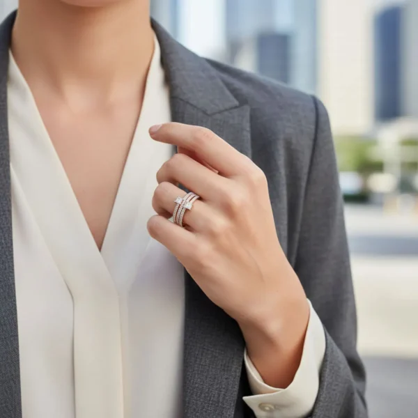 Anillo De Plata Triple Banda Pave