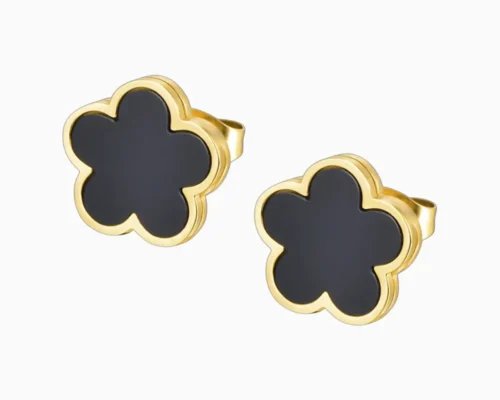 Aretes Broquel De Acero Flor 5 Hojas Negro