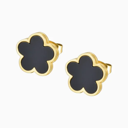 Aretes Broquel De Acero Flor 5 Hojas Negro