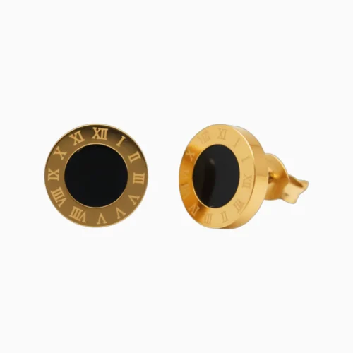 Aretes Broquel De Acero Redondo Numeros Romanos Dorado