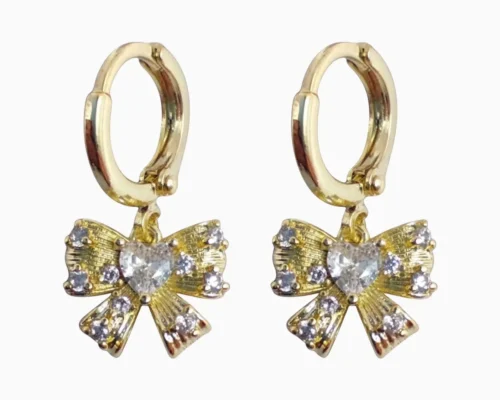 Aretes Huggies De Oro Moño Brillante