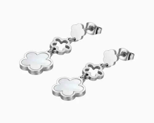 Aretes Largos De Acero Flor 5 Hojas Blanco