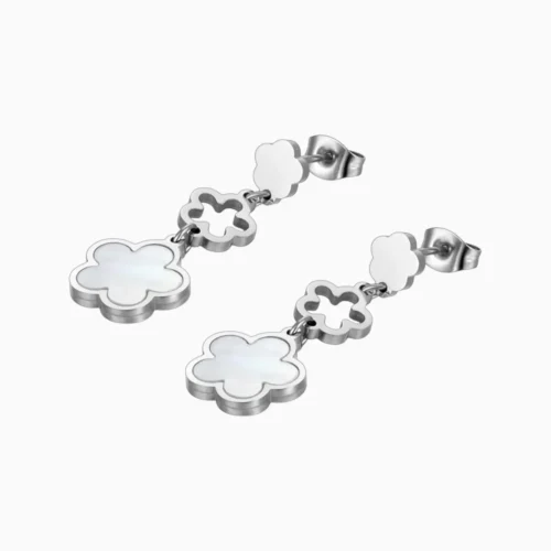 Aretes Largos De Acero Flor 5 Hojas Blanco