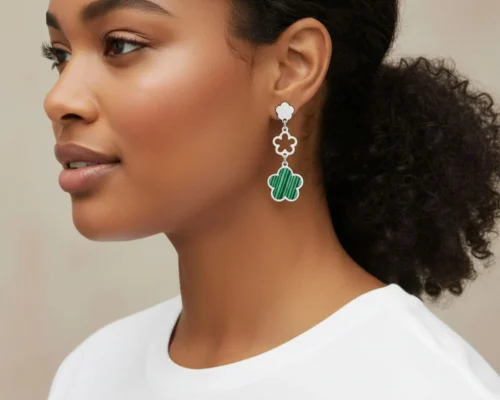 Aretes Largos De Acero Flor 5 Hojas Verde