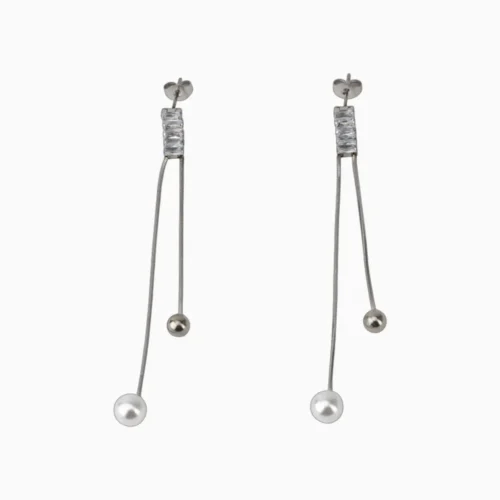 Aretes Largos De Acero Piedras y Perla