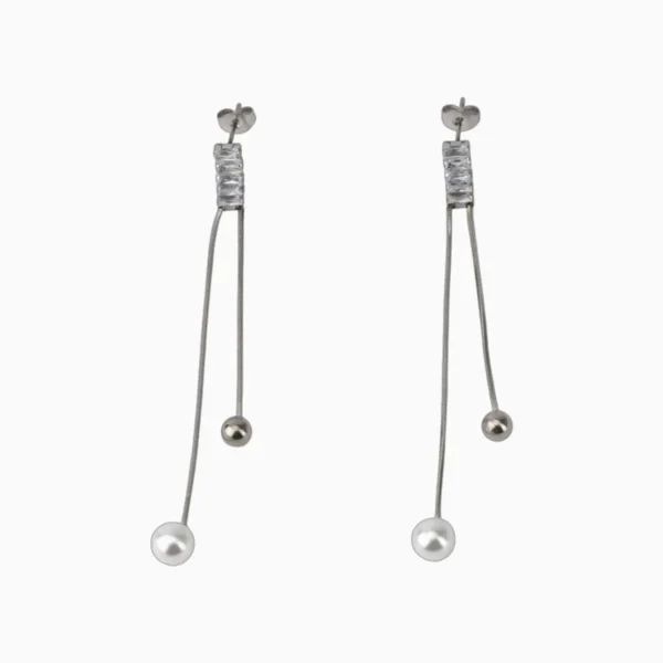 Aretes Largos De Acero Piedras y Perla
