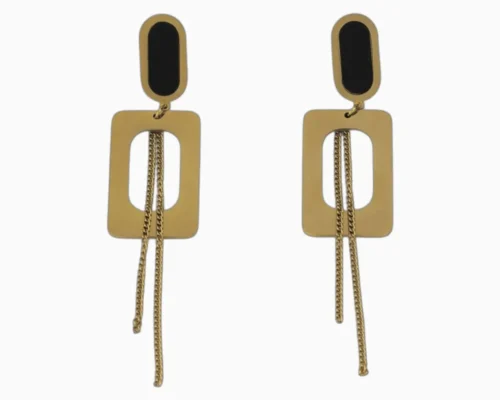Aretes Largos De Acero Rectangulo Dorado
