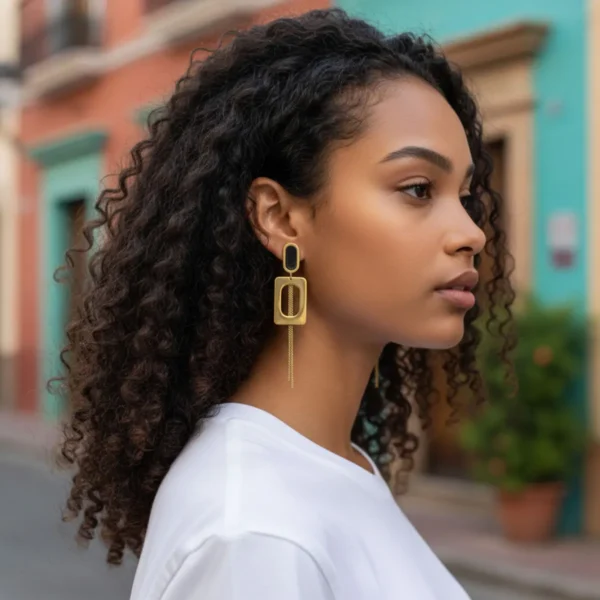 Aretes Largos De Acero Rectangulo Dorado