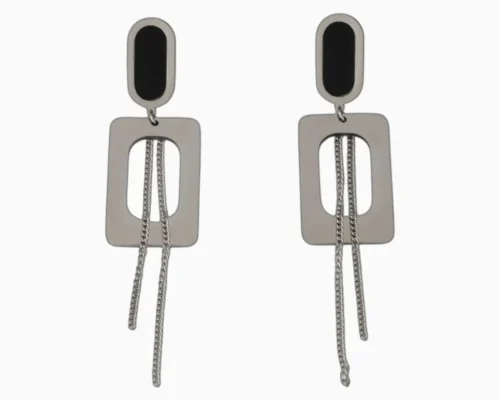 Aretes Largos De Acero Rectangulo Plateado