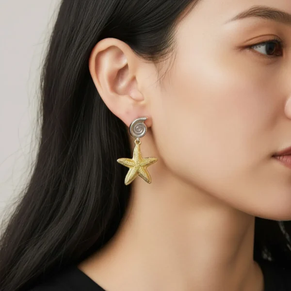 Aretes Largos De Oro Estrella De Mar