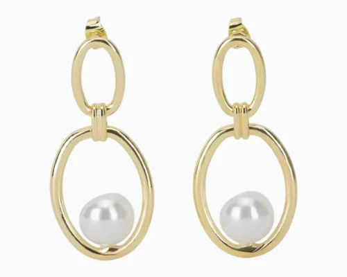 Aretes Largos De Oro Ovalo Con Perla