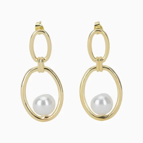Aretes Largos De Oro Ovalo Con Perla
