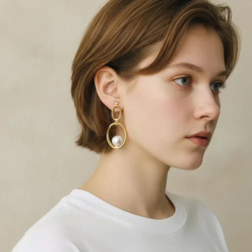 Aretes Largos De Oro Ovalo Con Perla