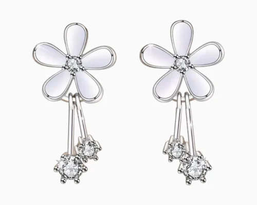 Aretes Broquel De Plata Flor Blanca