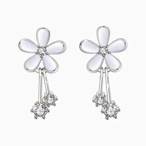Aretes Broquel De Plata Flor Blanca