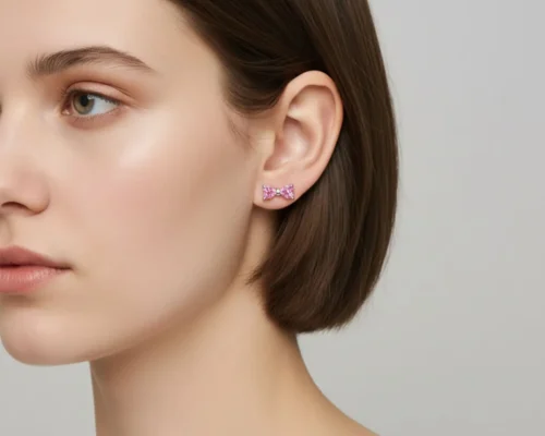 Aretes Broquel De Plata Moño Rosa