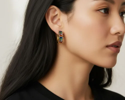 Aretes Huggies De Oro Piedra Multicolor