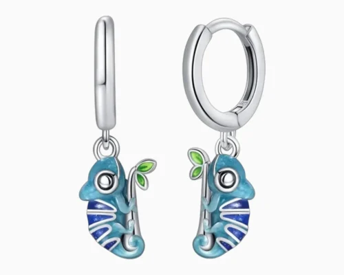 Aretes Huggies De Plata Camaleon Azul