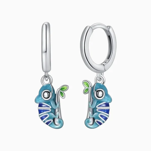 Aretes Huggies De Plata Camaleon Azul