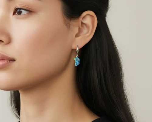 Aretes Huggies De Plata Camaleon Azul