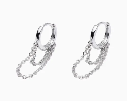 Aretes Huggies De Plata Doble Cadena
