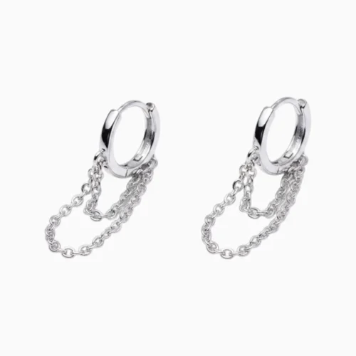 Aretes Huggies De Plata Doble Cadena