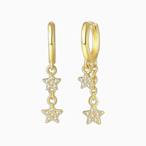 Aretes Huggies De Plata Estrellas Doradas