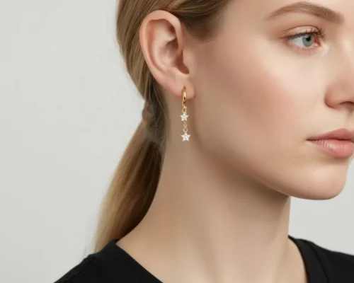 Aretes Huggies De Plata Estrellas Doradas